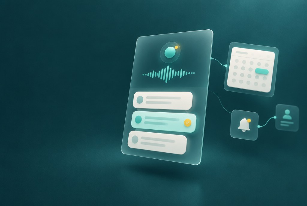 Illustration: a live call with its transcript, one answer approved, flowing into a calendar booking and a notification