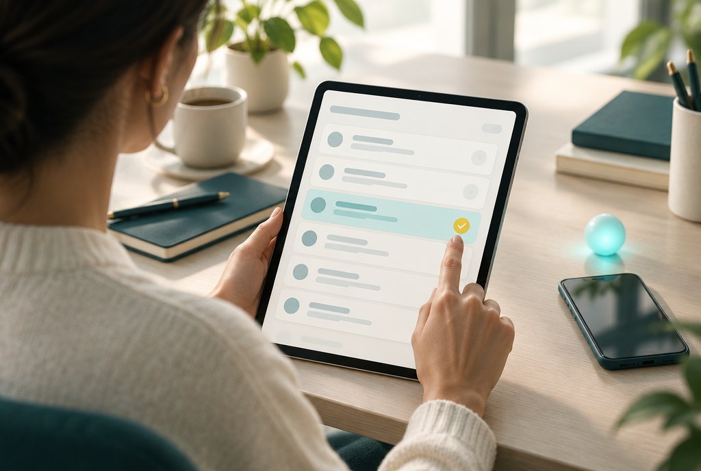 A person reviewing the assistant's call summaries on a tablet and approving one