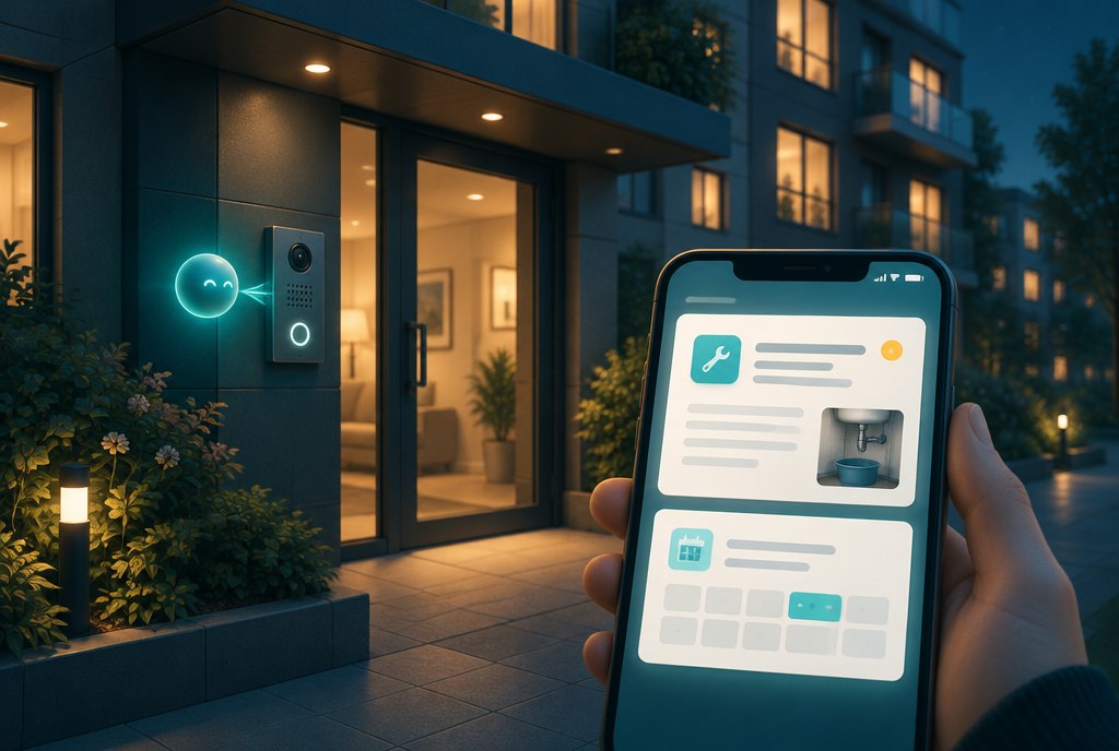 An apartment entrance at night; a maintenance request and a showing booked on a phone
